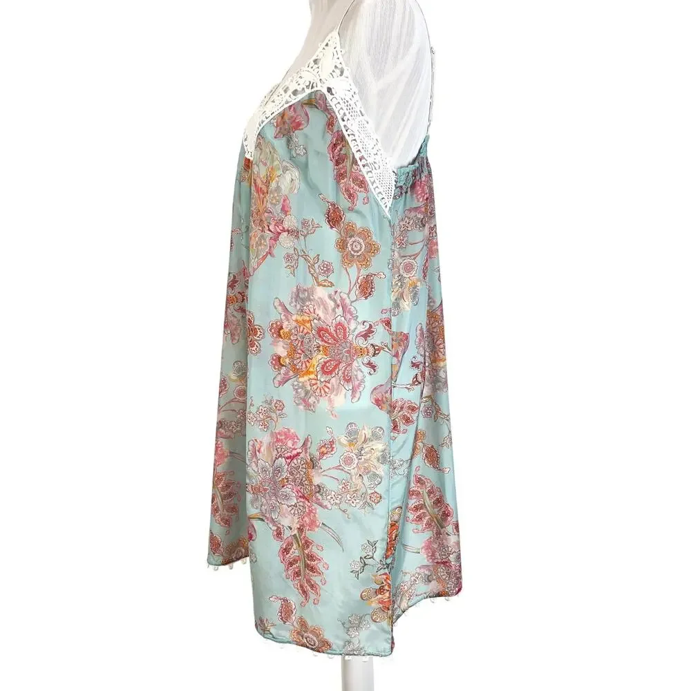 Papinelle Blue Paisely Lace Trim Cotton Silk Blend Night Gown Size XL